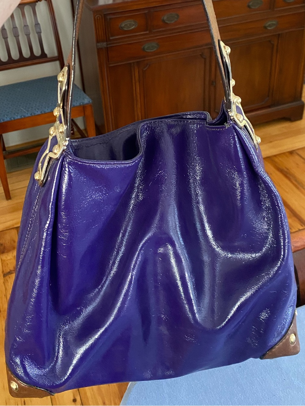Michael Kors patent leather large Joplin royal purple shoulder bag.